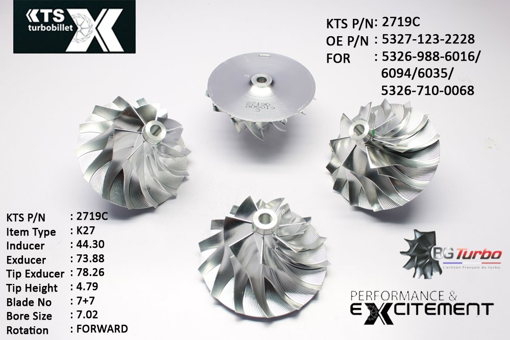 Turbo ROUE FORGÉE MFS PERFORMANCE - 7+7 PALES - INDUCER : 44,3 - EXDUCER : 73,88 - TYPE : K27ANGLE : 45° - ROTATION : Forward - SUPER BACK : 3,4 - BORE SIZE : 7,02
